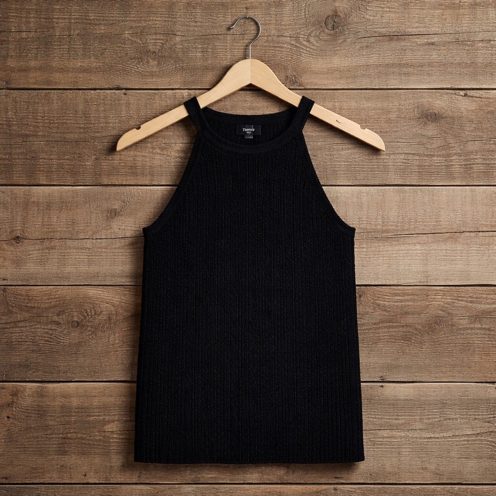 Theory Knit Tank‎ Top Womens P Black Ribbed High Neck Halter Minimalist Chic